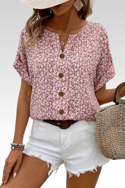 Sarah | Lätt Blus med Blommönster & Träknappdetaljer